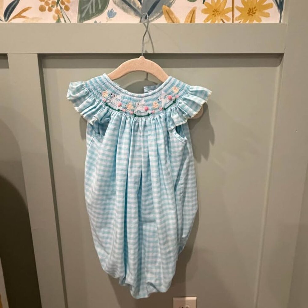 Classic Whimsy 24M Blue Gingham Smocked Bunny Bubble – Easter Heirloom Romper